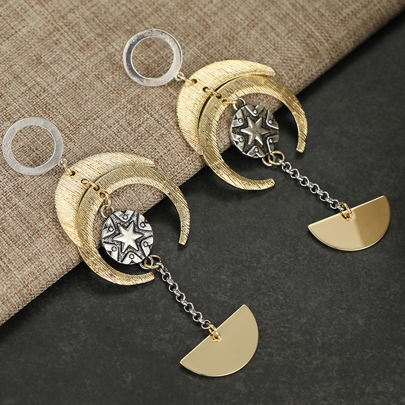 Two-Tone Plated Boho Crescent & Star Drop Earrings